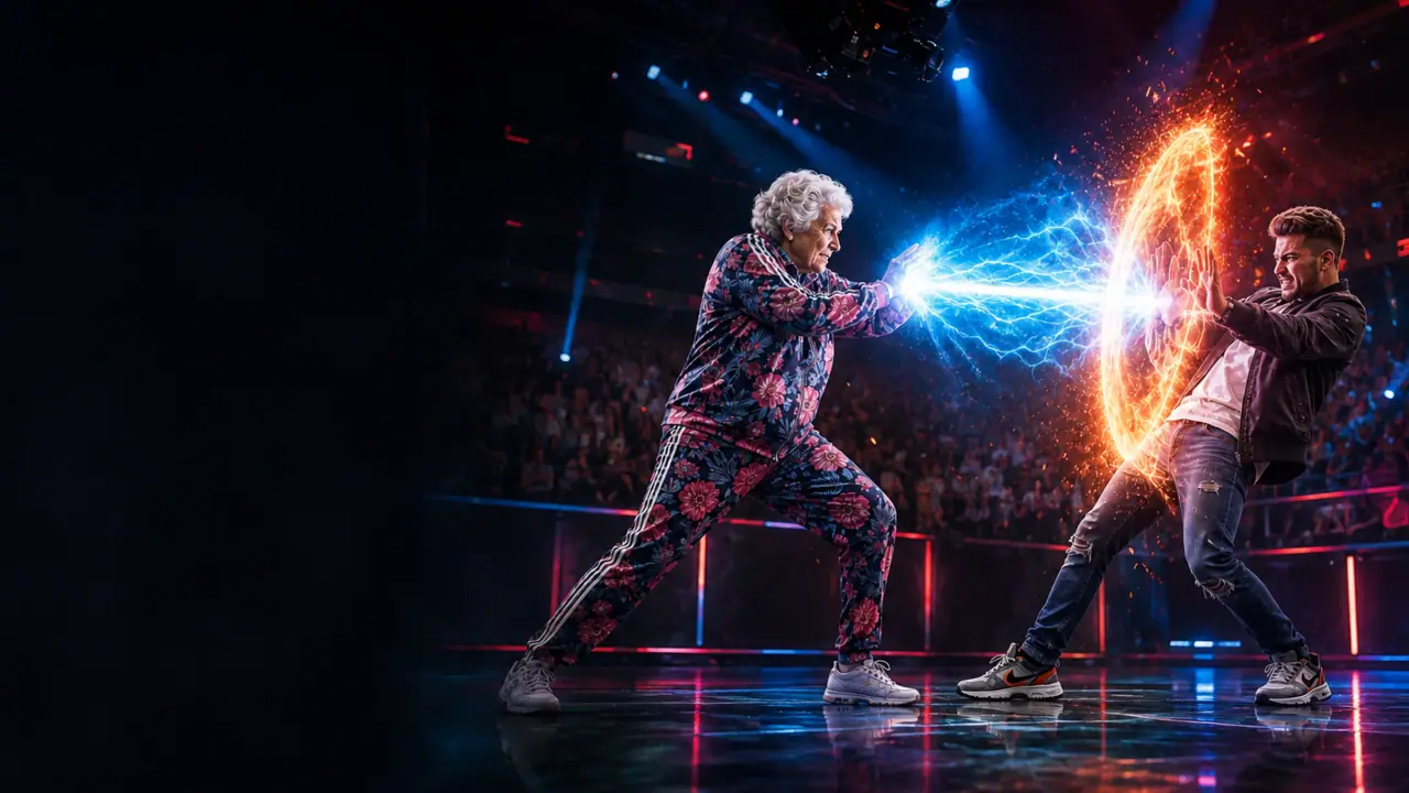 A grandmother in a floral tracksuit fires blue energy at a younger man who blocks it with orange energy in a televised arena