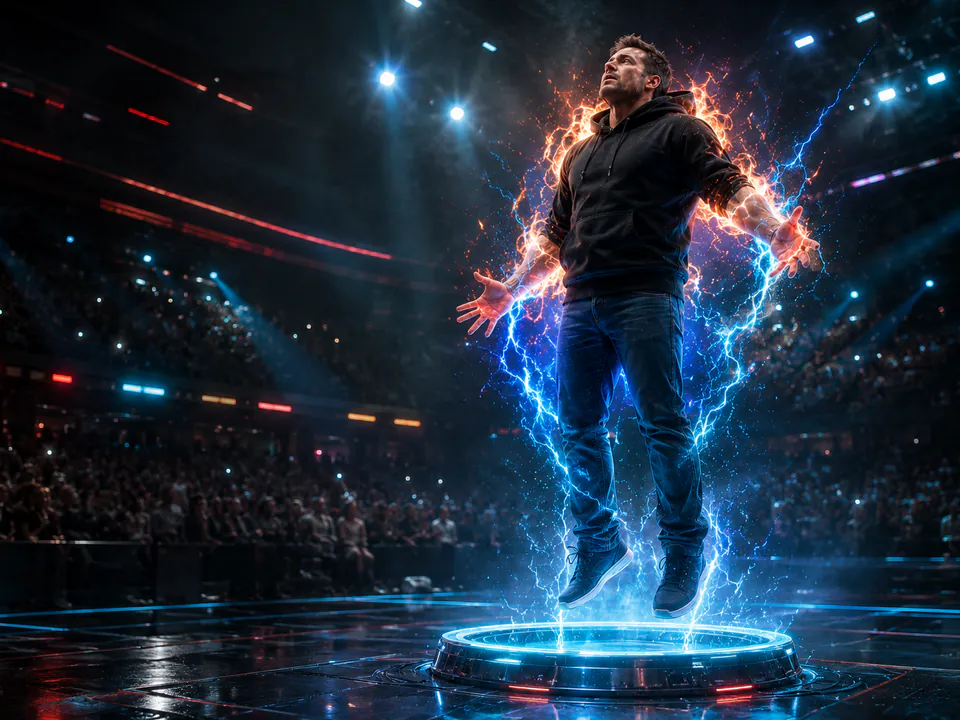 A man in a hoodie and jeans powers up above a circular platform in a televised arena
