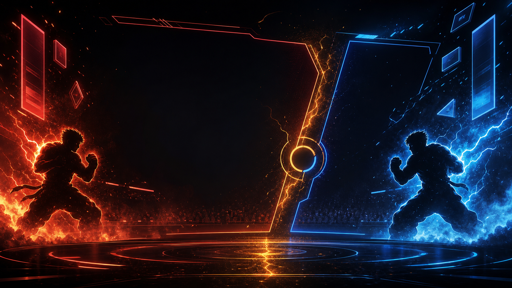 A glowing versus screen in a futuristic arena with two silhouettes ready to fight.