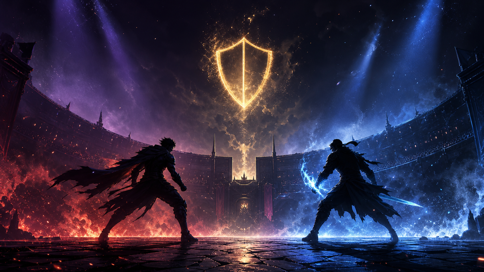 A neon-lit arena with spotlights and two fighter silhouettes facing off.