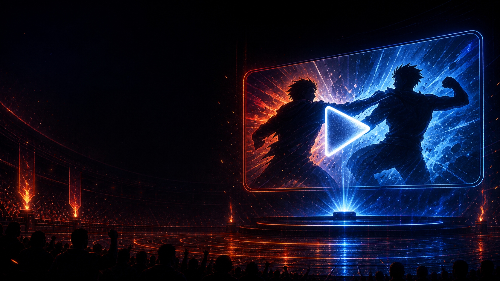 A glowing arena screen with dynamic motion silhouettes and a play icon made of light.